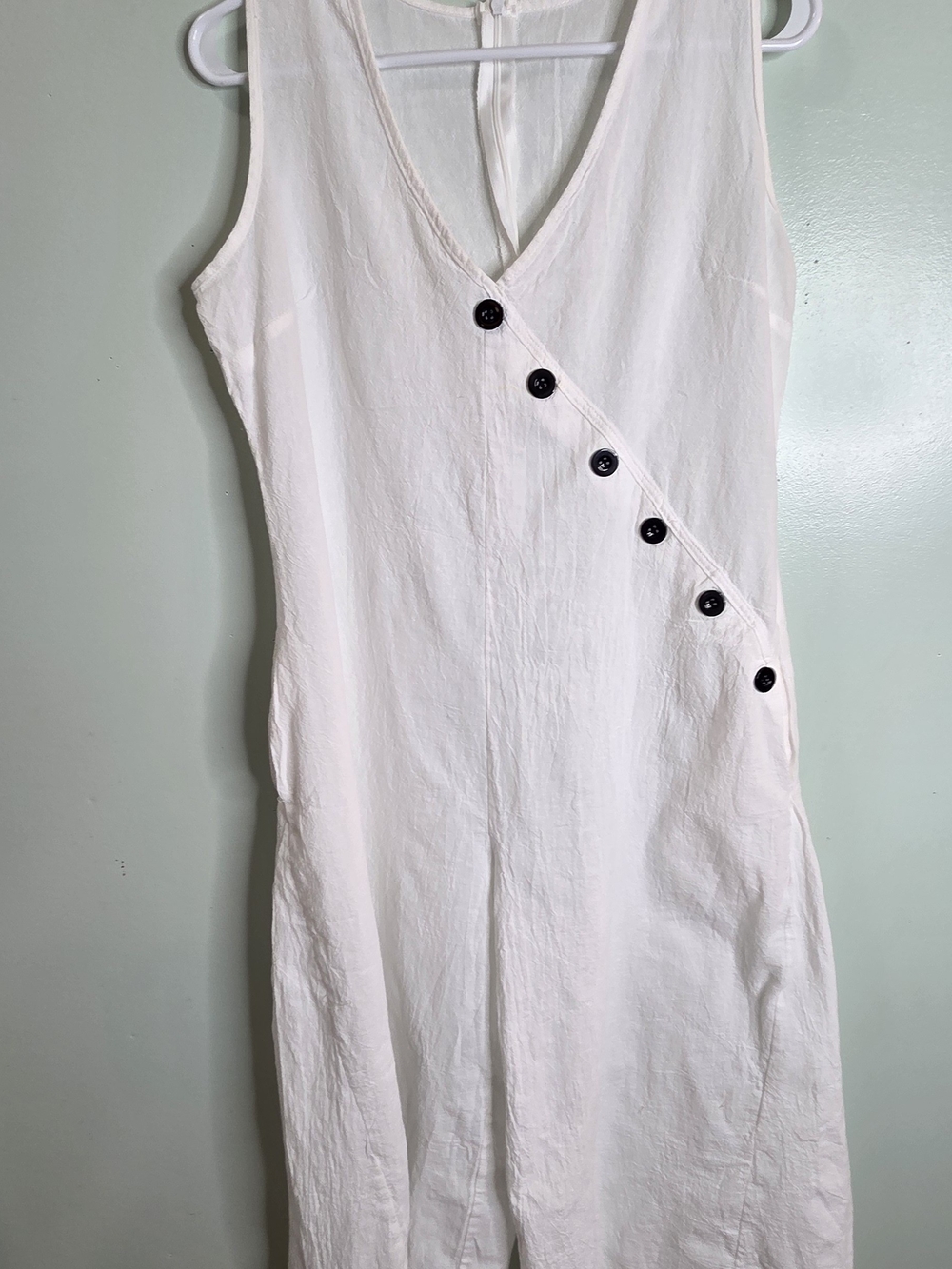 White Sleeveless V-Neck Button-Accent Dress